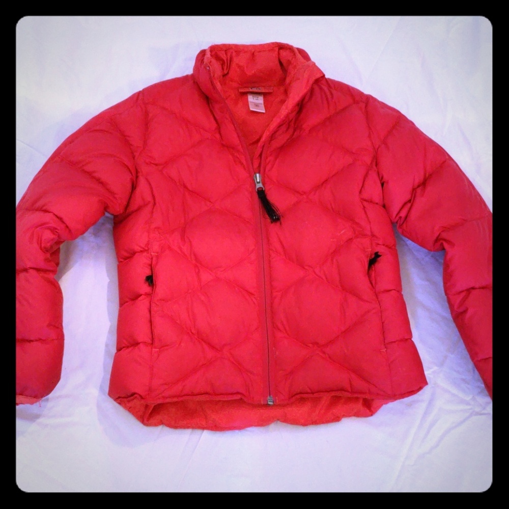 Red REI Down jacket.